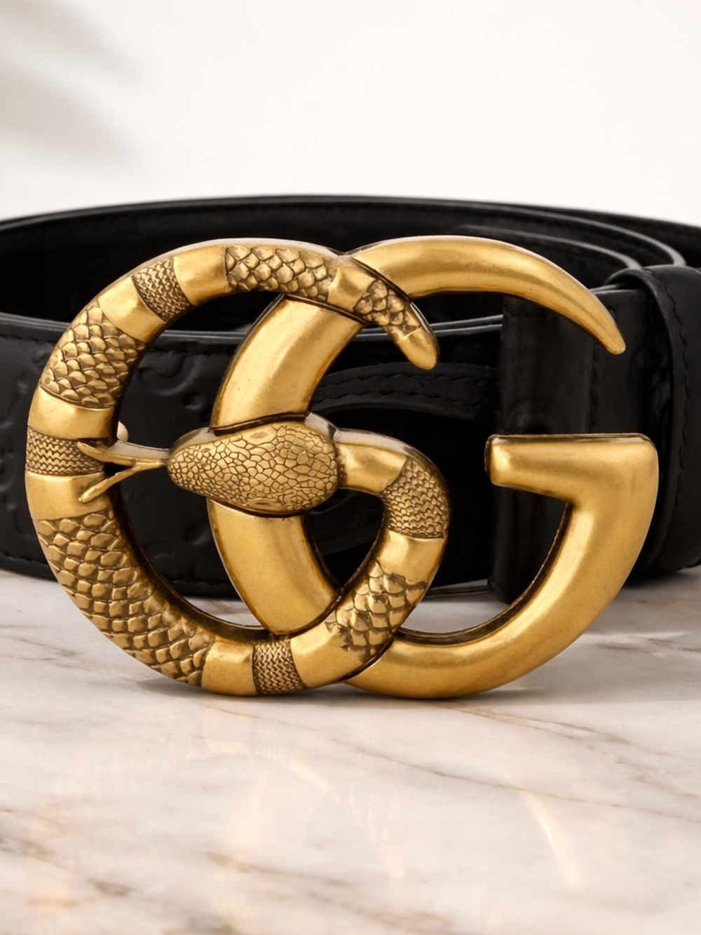 GUCCI Genuine BrushedGold Snake Buckle Black Leather Embossed GG LOGO Belt - Picture 3 of 5
